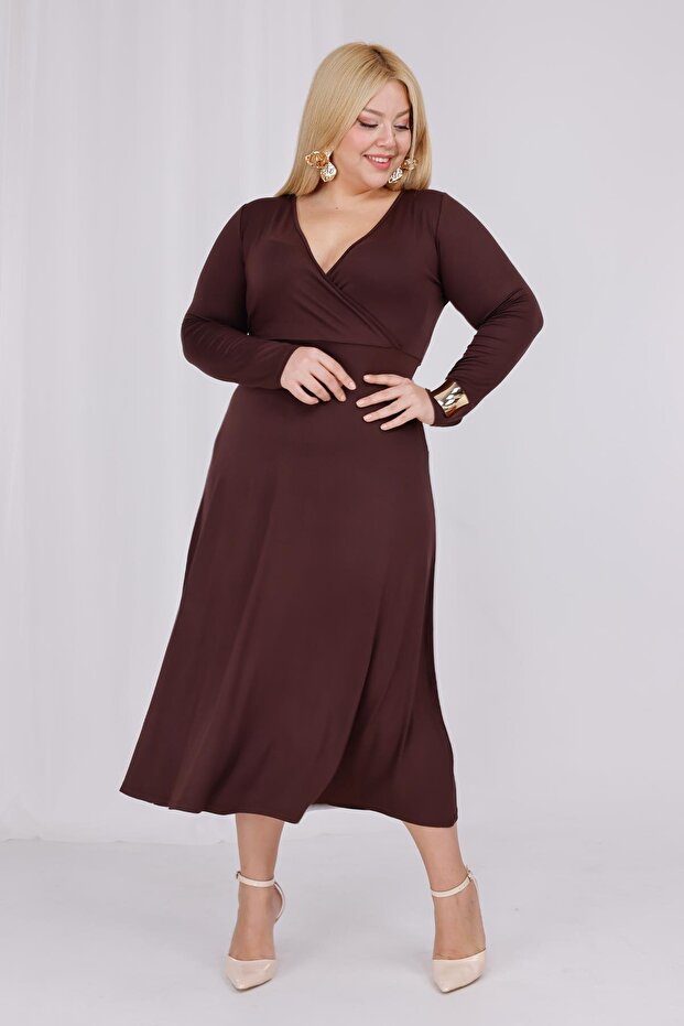 Women's Brown Double-Breasted Neck Plus Size Stretchy Maxi Dress
