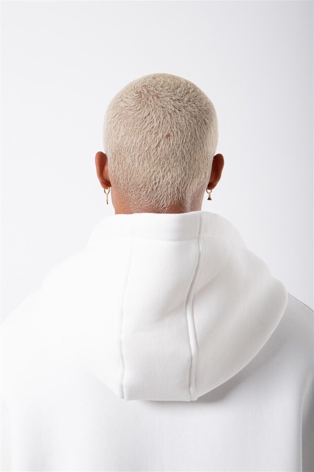 Oversize Fermuarlı Cepli Kapüşonlu Basic Sweatshirt EKRU - 4