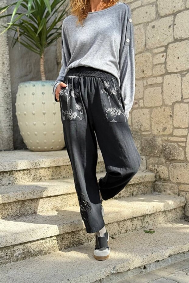 Black Pocketed Washable Embroidered Elastic Waist Cotton Loose Trousers 100 30