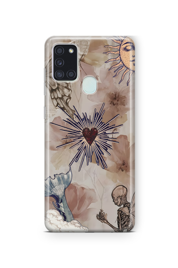 Samsung Galaxy A21S Compatible Heart and Butterfly Collage Pattern Transparent Phone Case