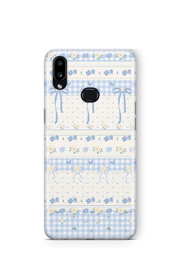 Samsung Galaxy A20 / A30 Compatible Blue Bow and Flower Pattern Transparent Phone Case
