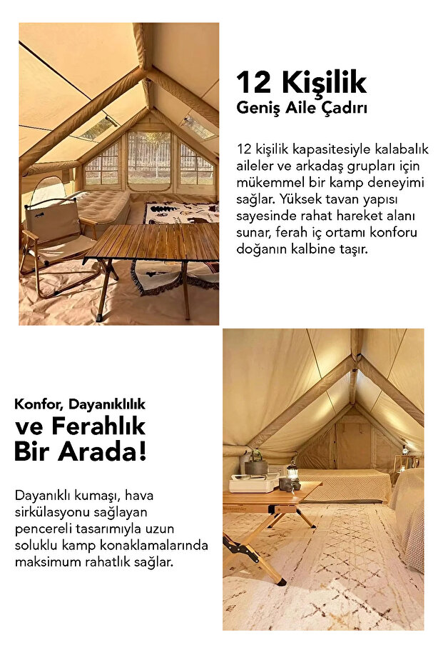 12 Kişilik Şişme Kamp Çadırı - 4 Mevsim Su Geçirmez Pencereli Kamp Çadırı 300x400 cm - 4