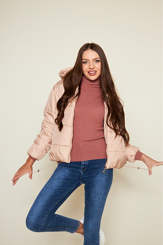 Kadın Kışlık Cepli Basic Kapüşonlu Pudra Şişme Mont - 6