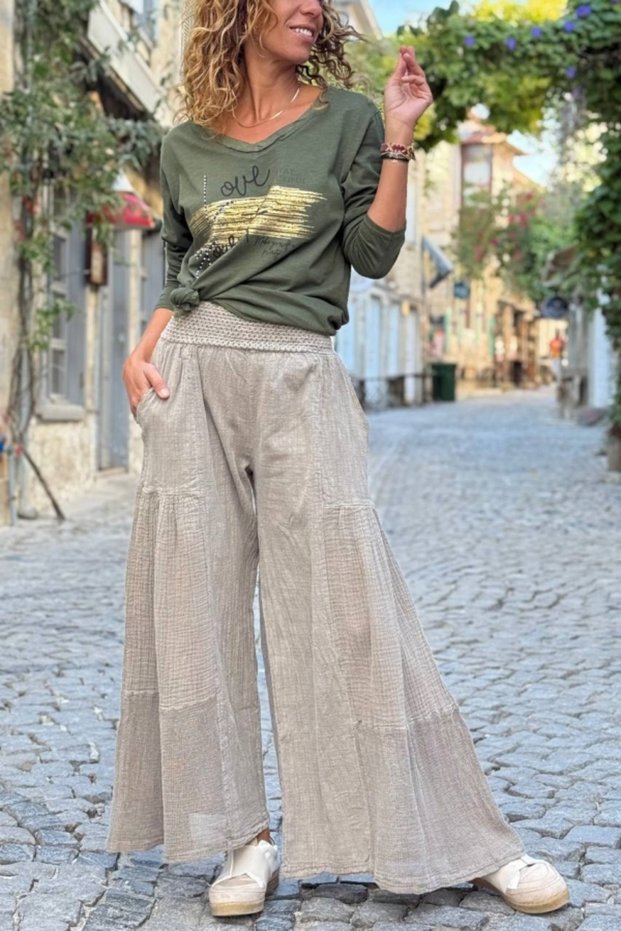 Bronze Color Pocketed Washable Mesh Detailed Wide Leg Cotton Loose Trousers 90 30