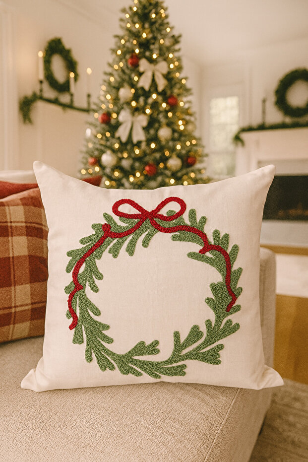 Punch Embroidered Throw Pillow Cover - 43*43 cm - Cream Wreath - Pnk001