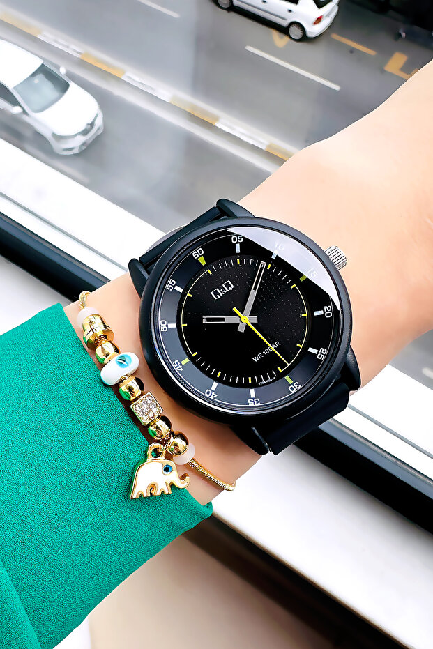 10 Atm Water Resistant Quartz Women's Wristwatch Black Color Silicone Band - Gift Bracelet Qqb2001C6