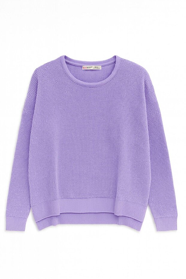 6183 Kadın Nopeli Oversize Triko İnce Basic Kazak Lila - 1