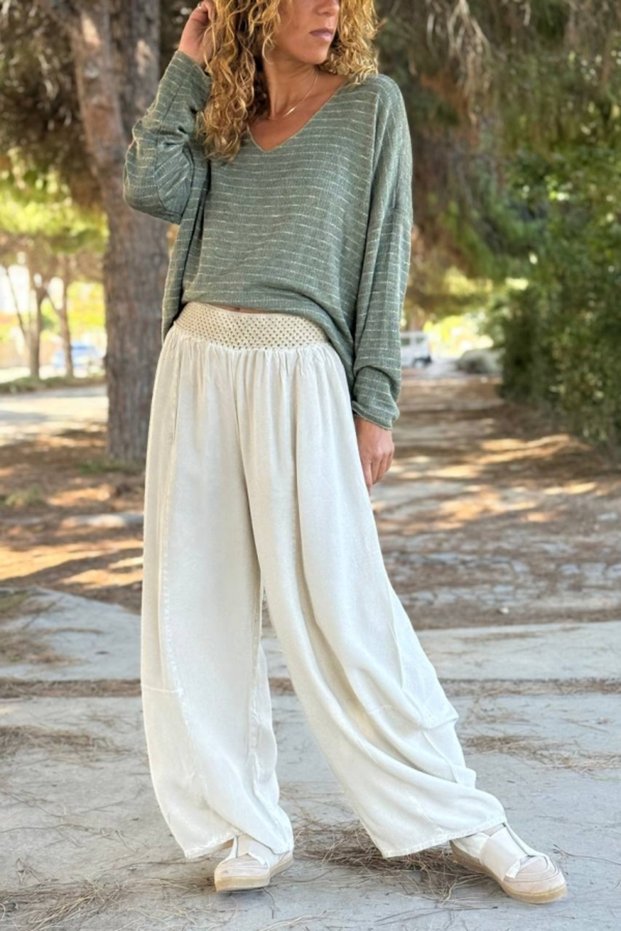 Beige Pocketed Washable Soft Textured Brode Elastic Waist Wide Leg Cotton Loose Trousers 100 30