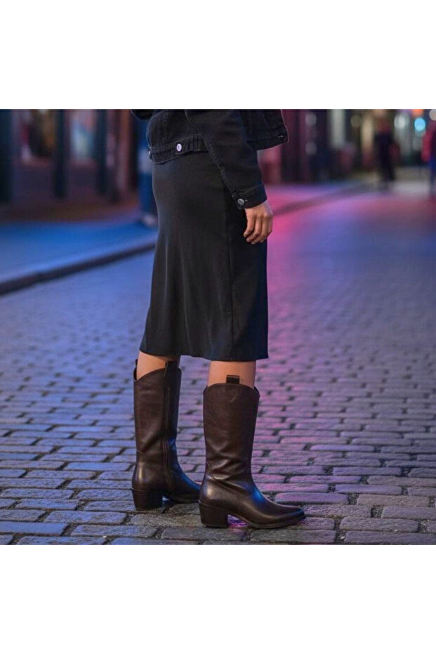 Bitter Brown Grain Leather Inner Half-Zipper Mid-Heeled Women's Western Boots