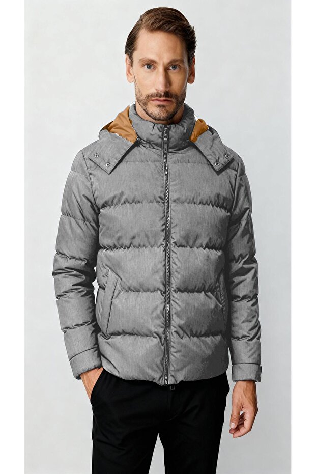 Men's Gray Hooded Quilted Puffer Coat with Stand Collar