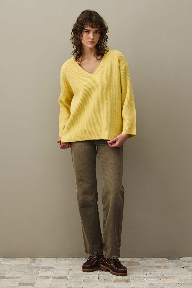 V Yaka Basic Triko Kazak Sarı - 2