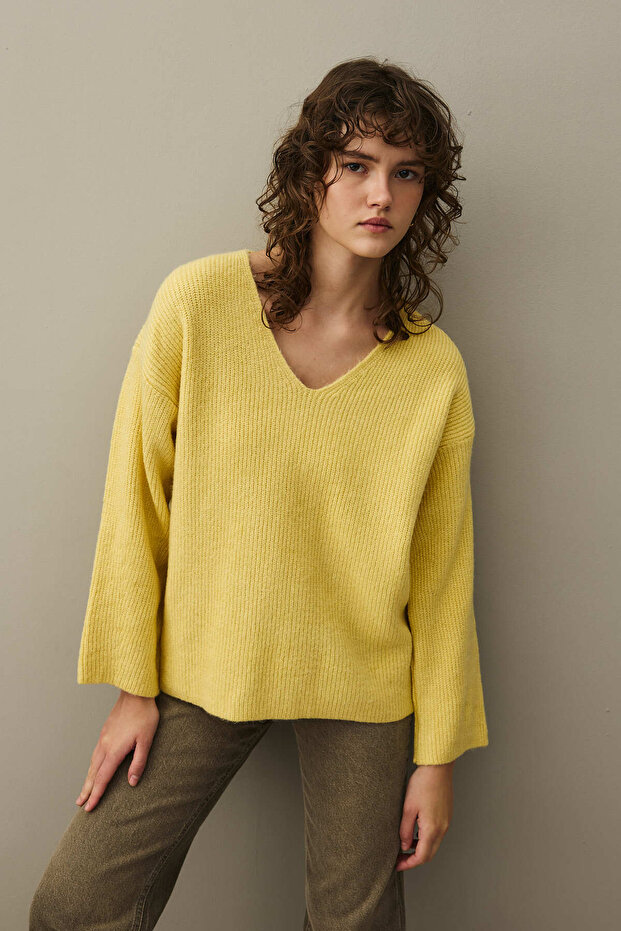 V Yaka Basic Triko Kazak Sarı - 7