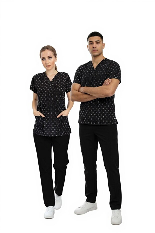 Unisex Black Anchor Pattern Doctor Nurse Hospital Chef Scrubs Uniform Set