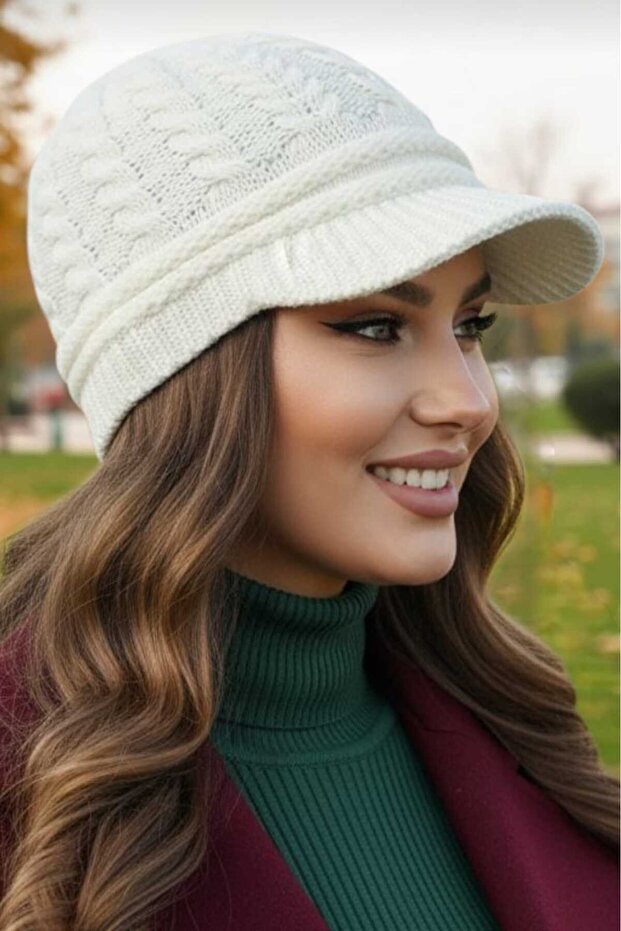 Kadın Çift Kat Siperli Triko Örme Bere Triko Bere - 4