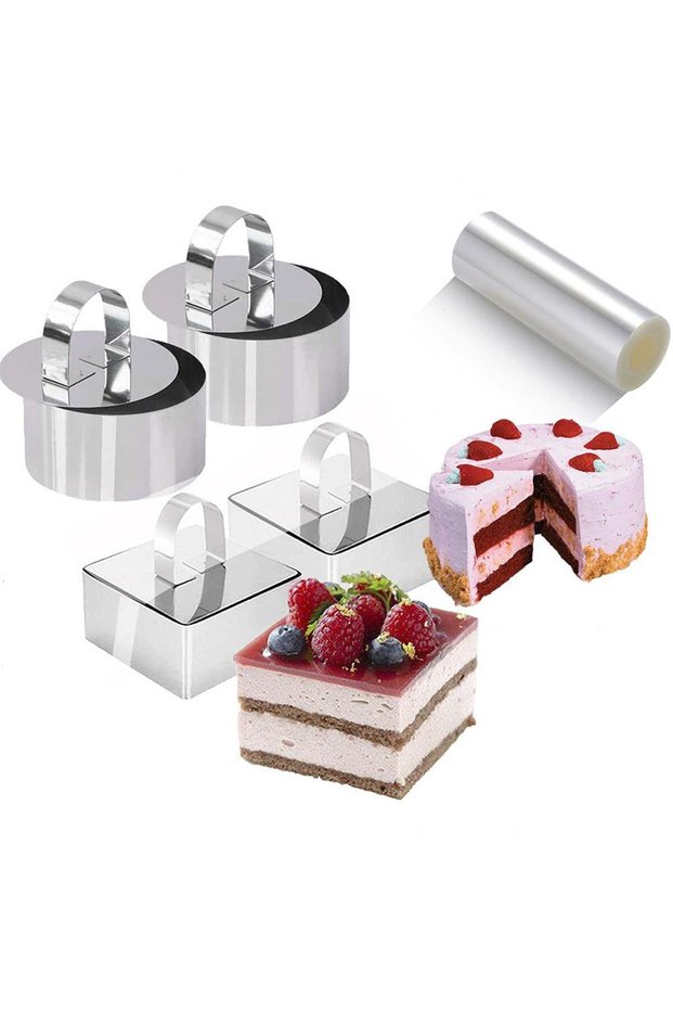Stainless Steel Food Rings Molds Set with Cake Collars and Acetate Sheets - Round & Square Cooking