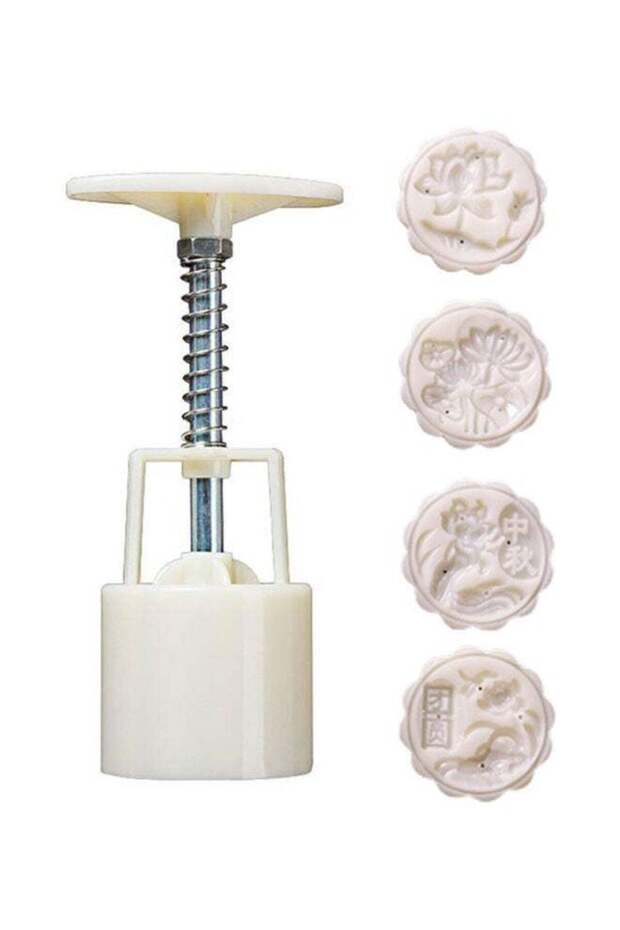 Mid-Autumn Festival Moon Cake Making Mould With 4 Stamps White 14.0X5.0X5.0cm