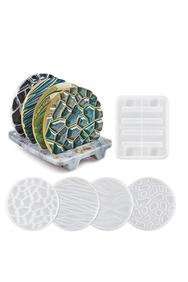 Excefore Coaster Resin Mould, 4Pcs Different Pattern Coaster Moulds with 1Pc Coaster Stand Storage - 1