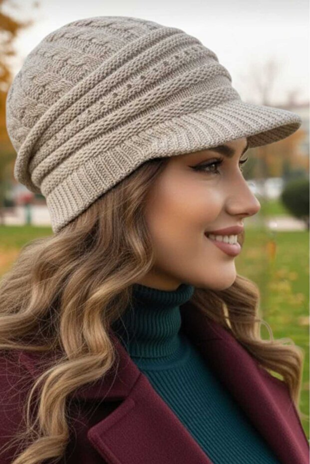 Kadın Çift Kat Siperli Triko Örme Bere Triko Bere - 4