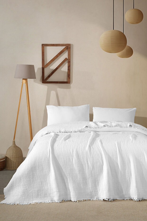 100% Cotton White Muslin Tasseled Pike – Oversized Size (230X250 cm)