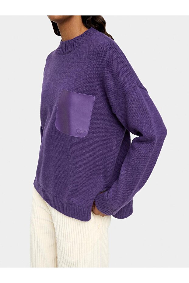 Deri Efektli Cepli Örme Kazak - 3