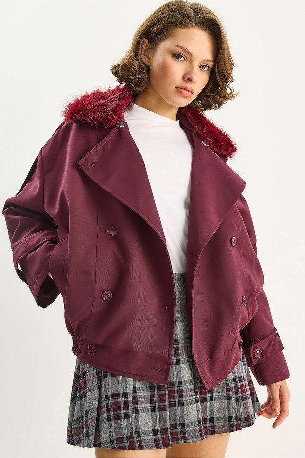 Women's Burgundy Elastic Waist Pocket Detailed Detachable Fur Collar Lined Short Trench Coat 2052 60283710