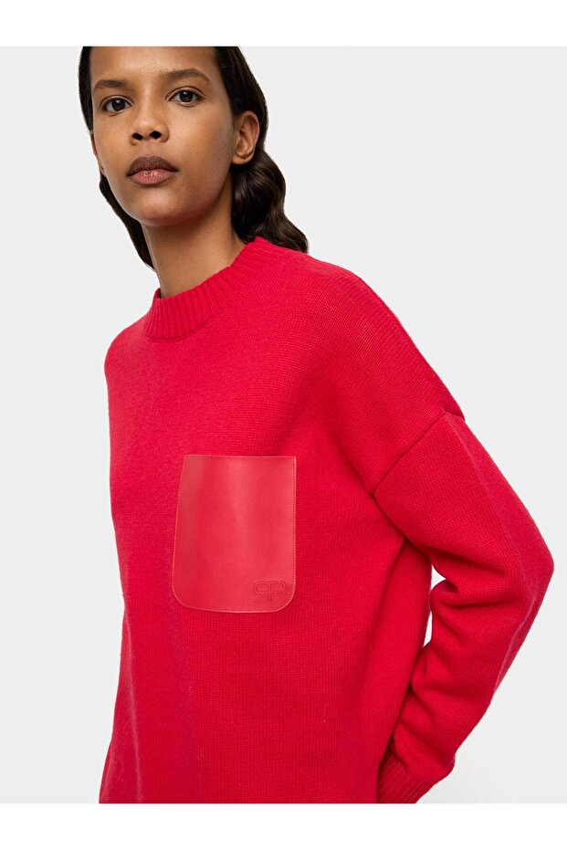 Deri Efektli Cepli Örme Kazak - 2