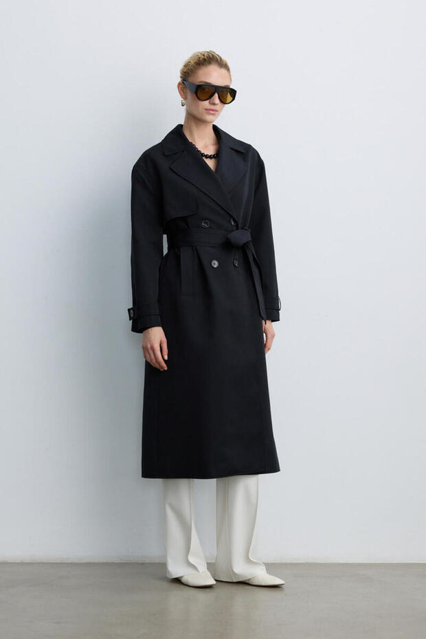 SİYAH UZUN CAPSULE TRENÇKOT - 6