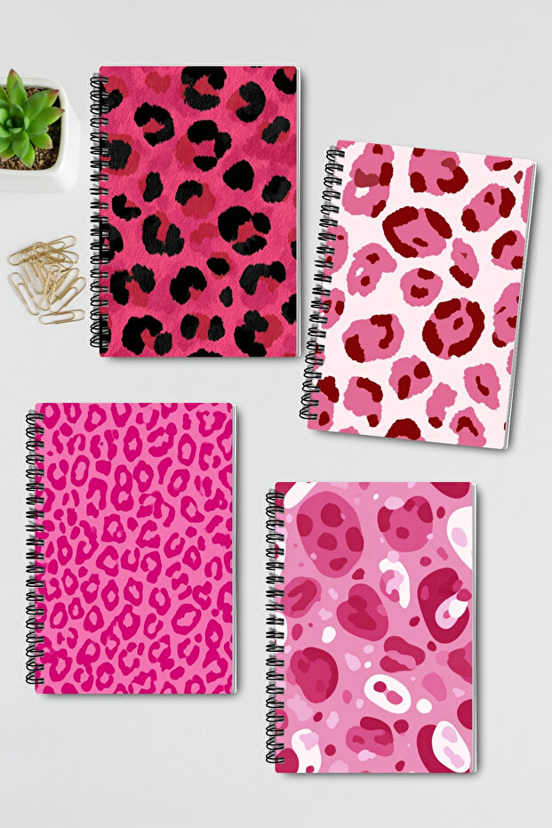 Pink Leopard Pattern Design Wire Spiral A5 Unlined 4-Piece Souvenir, Memory, School Notebook Set