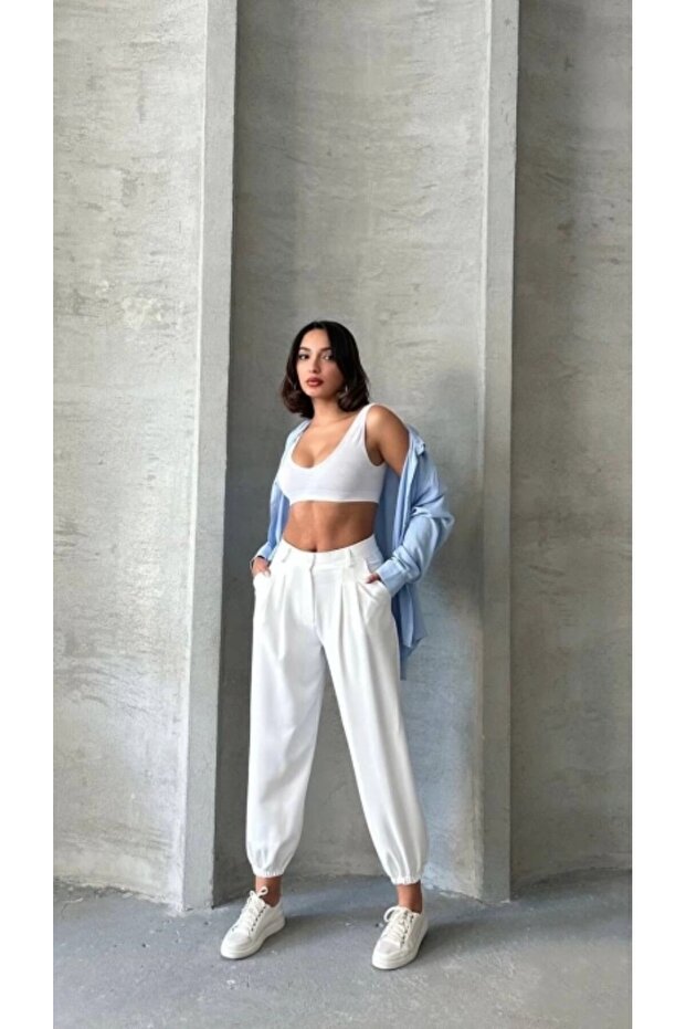 White Color Elastic Leg Shalwar Trousers