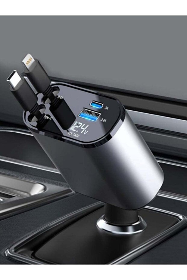 4-in-1 Fast Car Charger with Retractable Lightning & USB-C Cables, Dual USB Ports