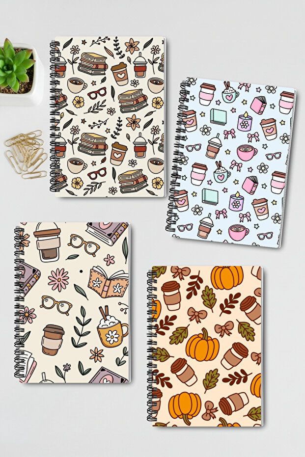 Autumn Book Coffee and Flower Themed Design Wirebound A5 Unlined 4-Piece Souvenir, School Notebook Set
