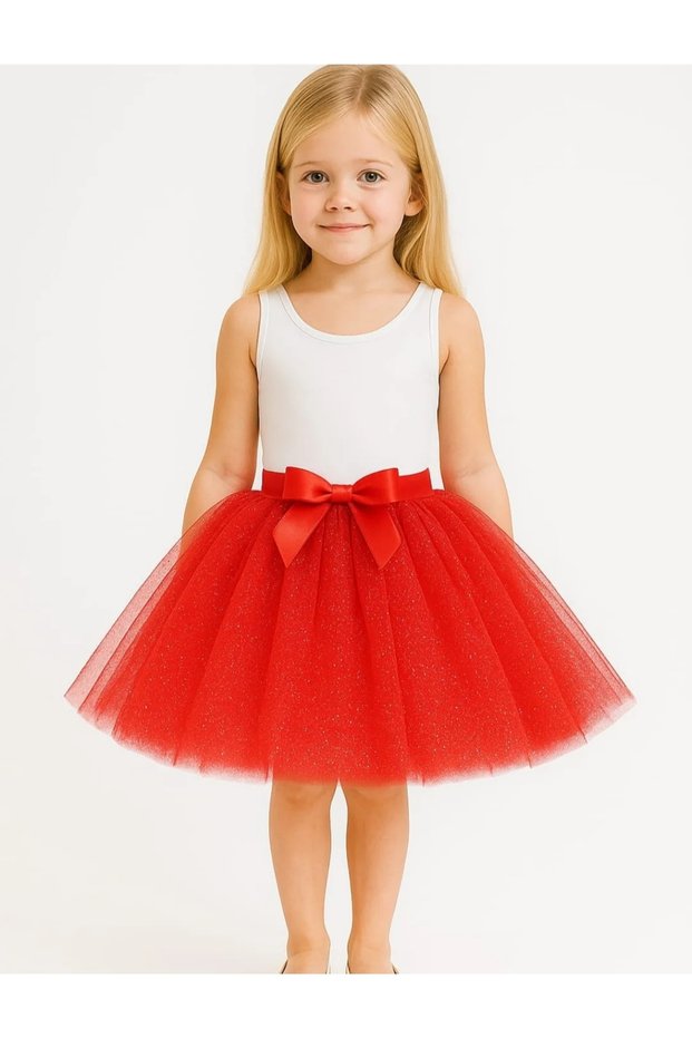 Girl's Elastic Waist Shimmer Lined Red Tutu Skirt