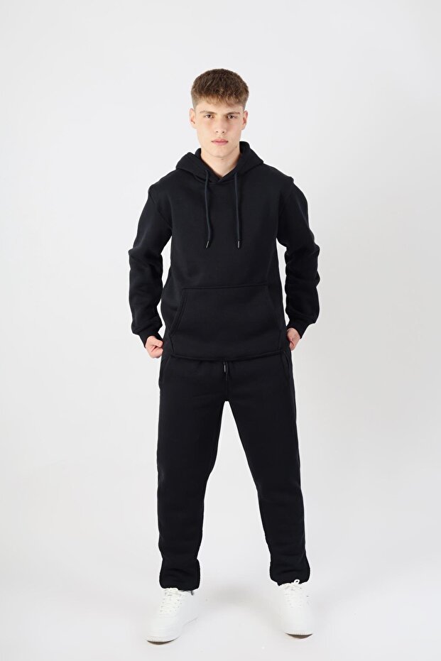 Plain Hooded Three Thread Sh Fleece-Lined Men's Tracksuit Set