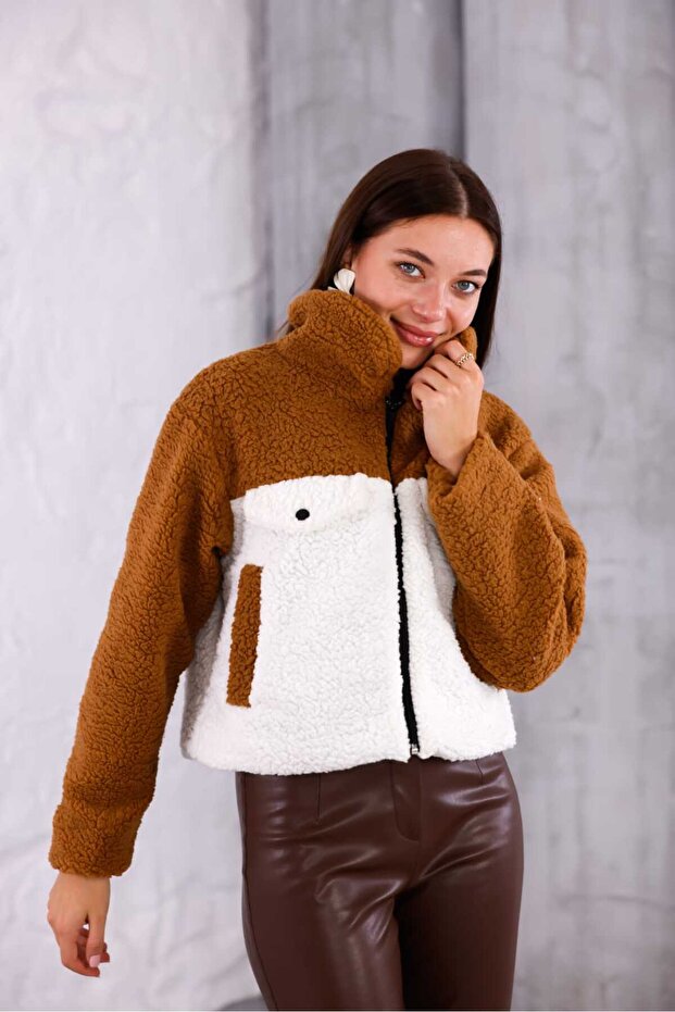 Trend Women's White Coffee Plush Jacket | Winter Crop Short Zippered High Collar Coat