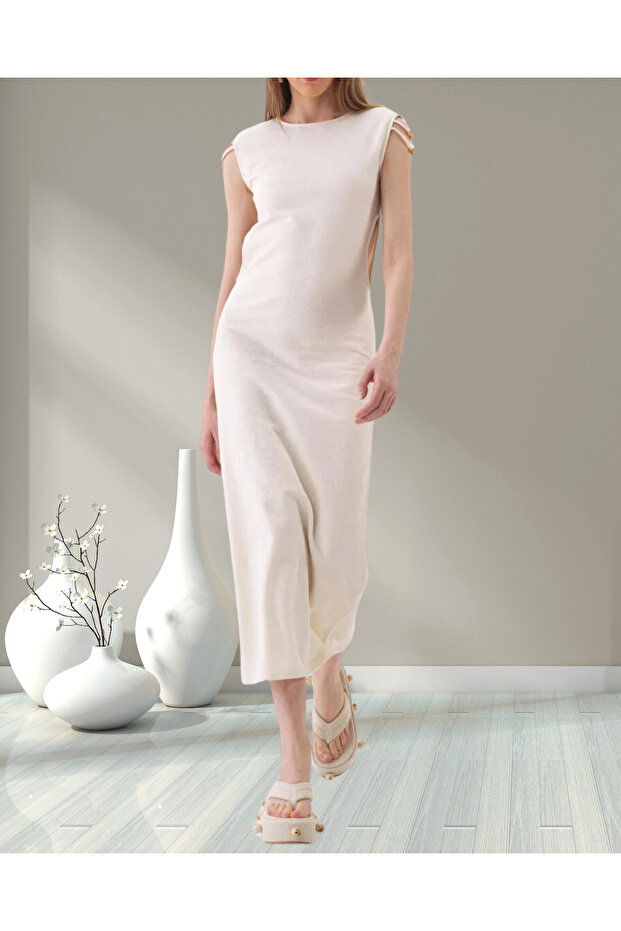 Women's Natural Sleeveless Shoulder Detail Side Cutout Cotton Regular Fit Dress