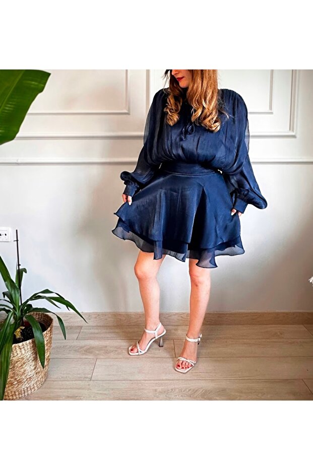 Lacivert Renkli Tüllü Vatkalı Uzun Kol Mini Gece Elbisesi - 3