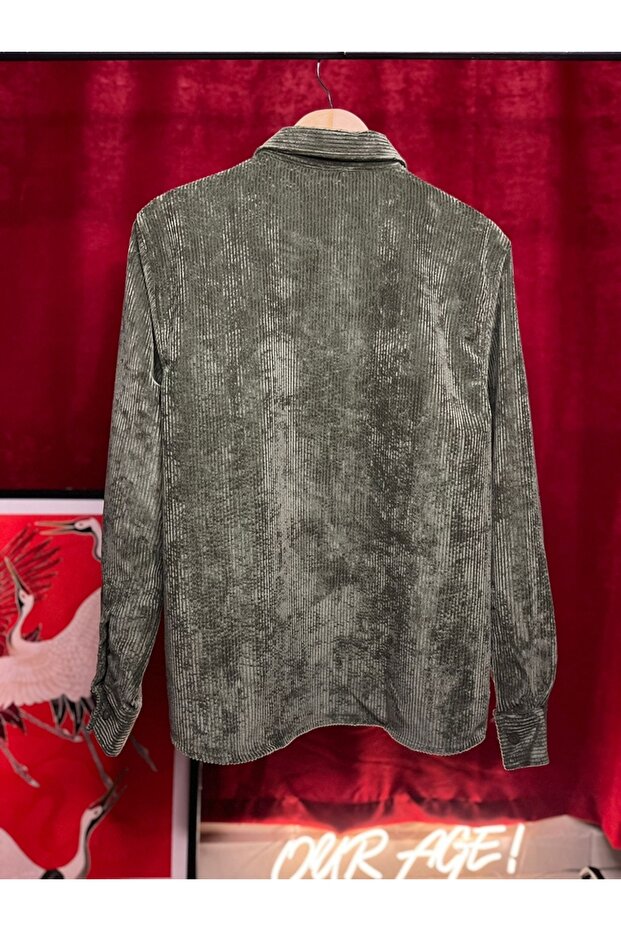 Regular Fit Düğmeli Kadife Gömlek - 3