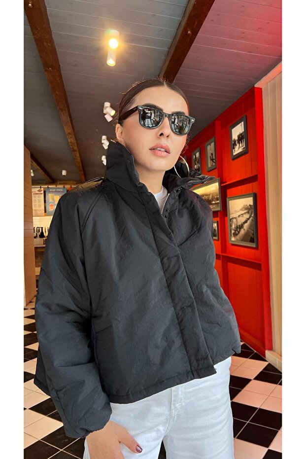 Black solid texture puffer jacket - 5