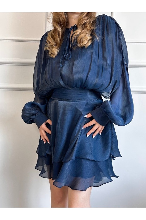 Lacivert Renkli Tüllü Vatkalı Uzun Kol Mini Gece Elbisesi - 4