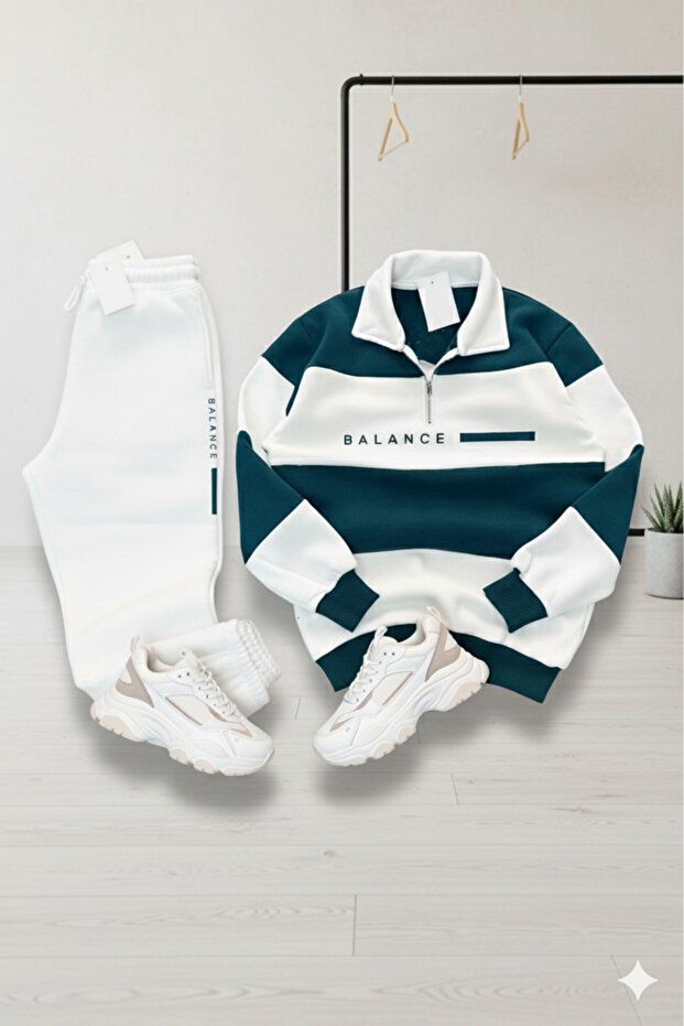 Petrol Üst at Beyaz Unisex Five Piece Mock Neck Balance Printed Tracksuit Set-Top and Bottom Set