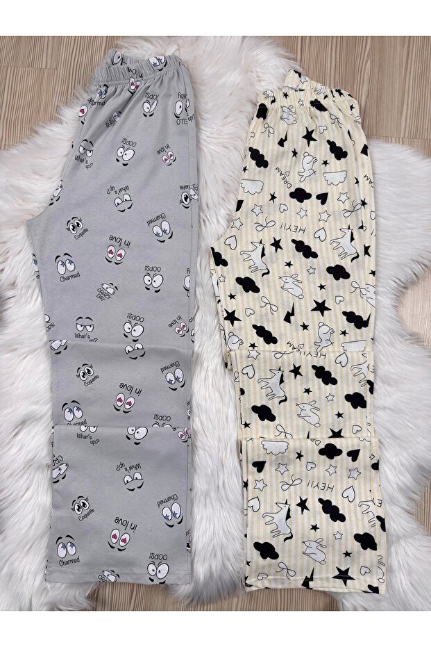 Gri Göz ve Sarı Tavşan Desenli 2'li Pijama Altı - 1