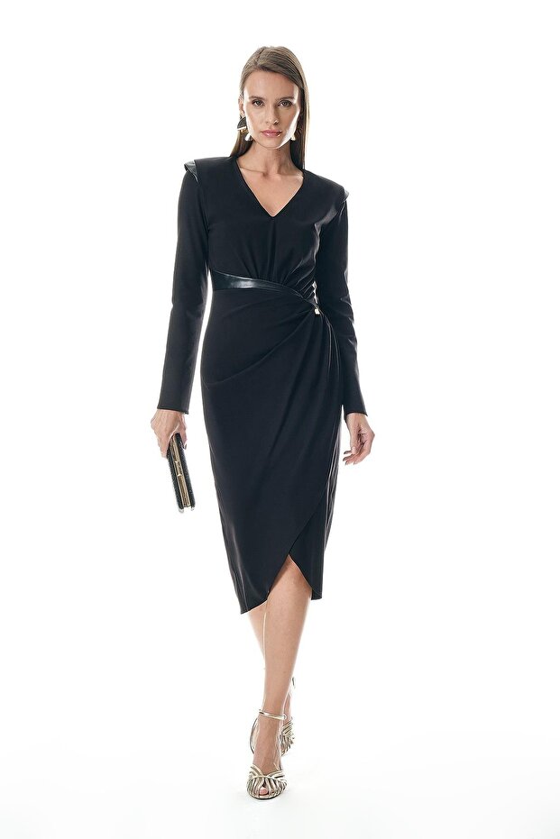 Leather Paneled V-Neck Midi Dress with Wrap Skirt