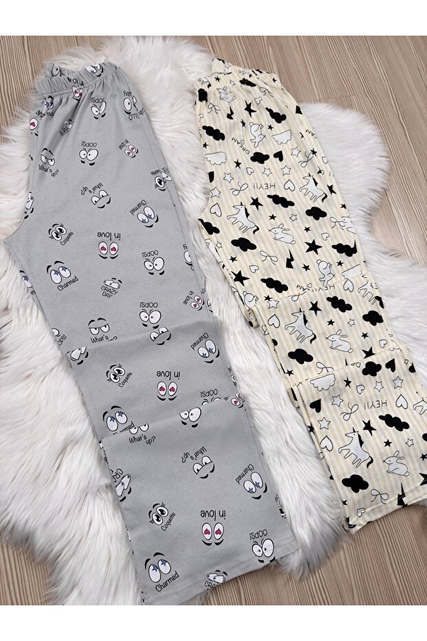 Gri Göz ve Sarı Tavşan Desenli 2'li Pijama Altı - 4