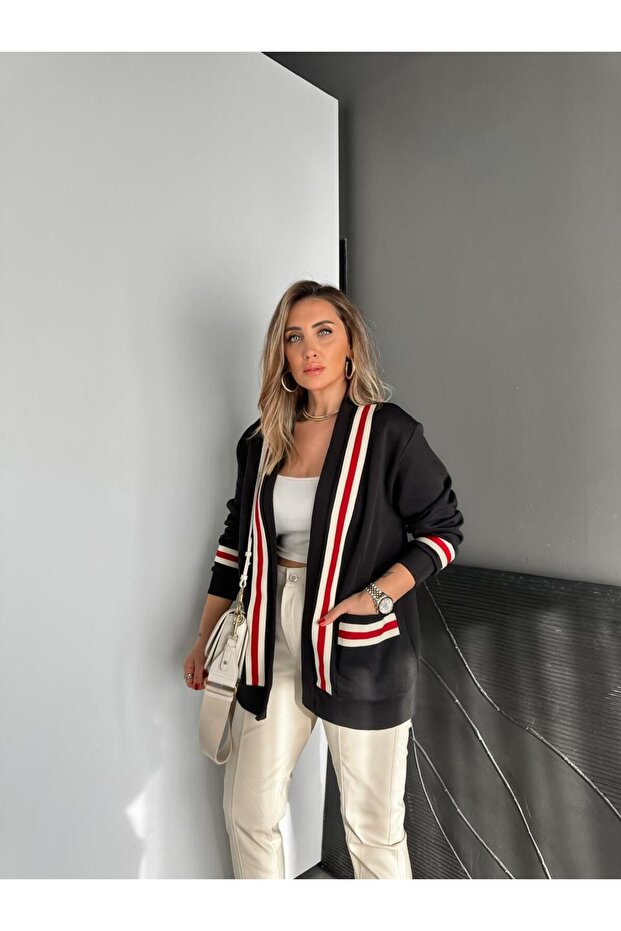 Black Red Striped Sweat Cardigan