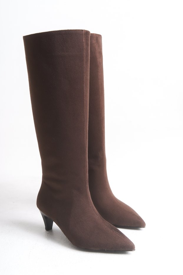 Women's Brown Suede Heeled Pointed Boots