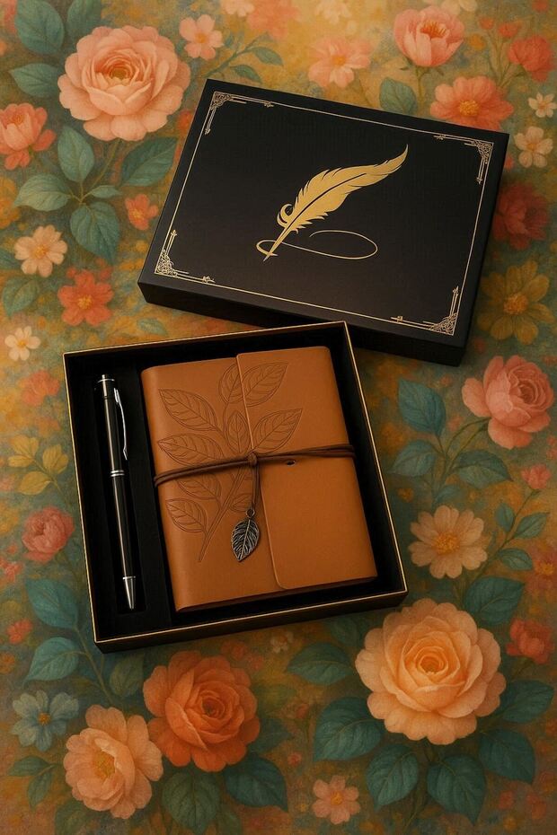 Luxury Vintage Leather Notebook Leaf Detailed Souvenir Diary Set with Antique Pages Boxed Vip Pen Gift