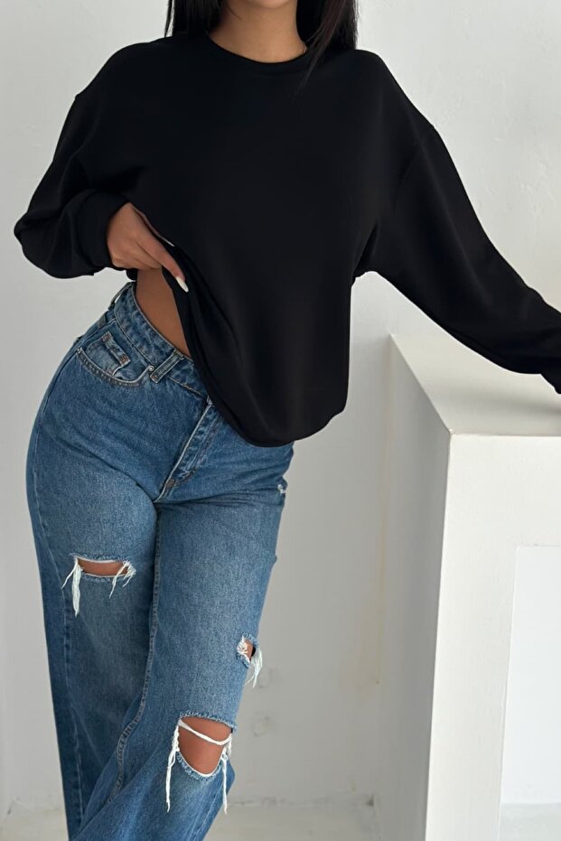 Siyah Modal Kumaş Basic Sweatshirt - 5