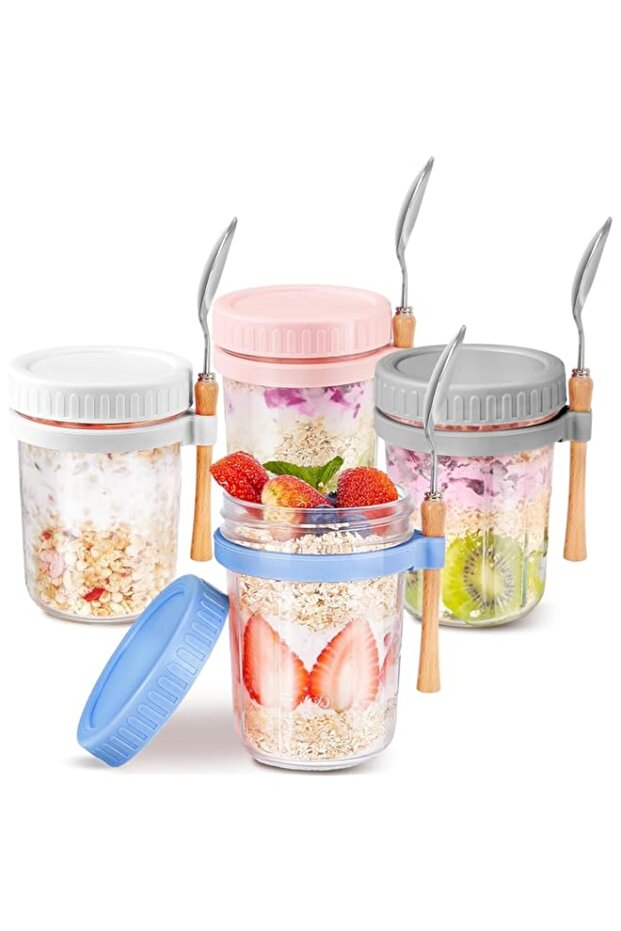 4 Pack Overnight Oats Jars with Lids & Spoons, Reusable Glass Overnight Oats Container, Oatmeal Con - 1