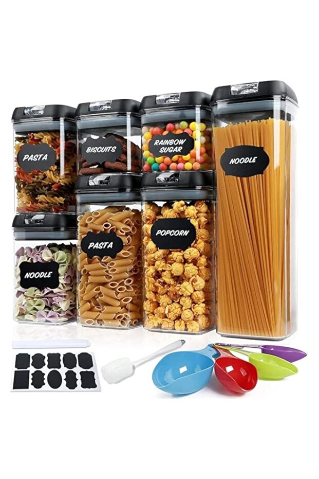 CLICKMART 7 Pc Transparent Food Storage Containers with Measuring Scoops, Labels & Cleaning Brush - - 1