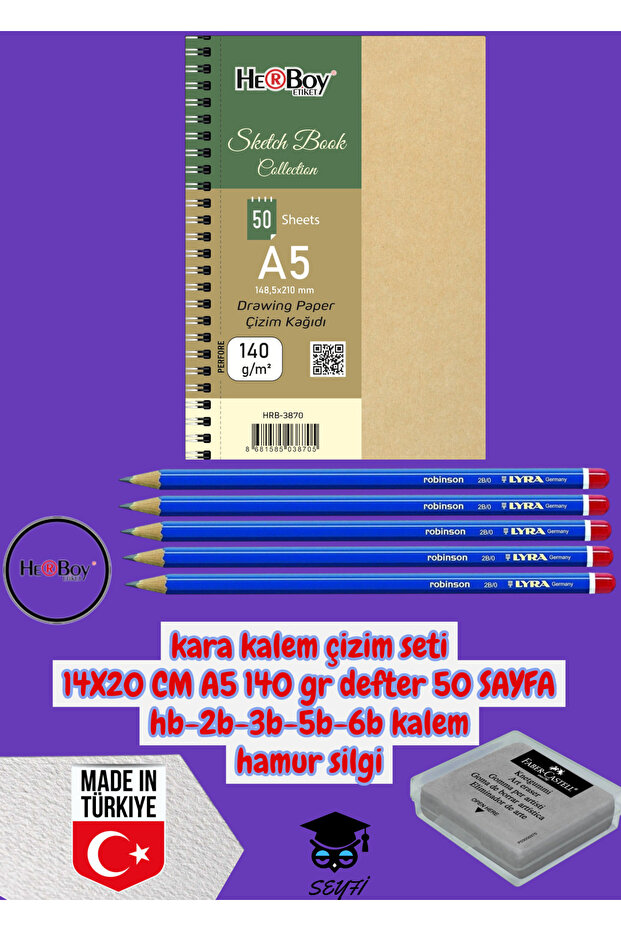 Drawing Set with Black Pencil 14X20 cm A5 140 Gr Notebook 50 Sheets Hb-2B-3B-5B-6B Pencil Eraser